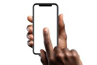 African American hand holding modern smartphone with blank white screen while finger touches display. Perfect for mobile app mockups.