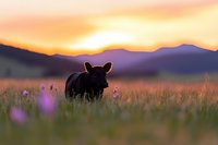 Black bear standing in wildflower meadow at sunset with purple mountain silhouettes and orange sky, wildlife photography in natural habitat during golden hour.