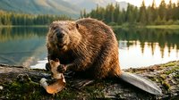 Beaver grooming on wooden log by serene mountain lake during golden hour sunset with forest reflection in calm water creating peaceful wildlife scene.