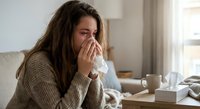 Young Caucasian woman with long brown hair blowing nose into tissue while sitting on couch at home, wearing beige knit sweater, feeling unwell with cold or flu.