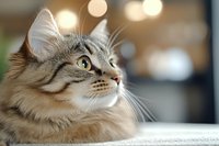 Tabby cat with green eyes looking upward against blurred warm bokeh background, suitable for pet care, animal wellness, and feline-related marketing materials.