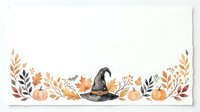Autumn harvest border with witch hat, pumpkins, and fall foliage isolated on white background, ready for seasonal greeting cards and design projects.