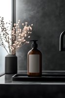 Amber glass pump bottle with blank label on dark marble counter, moody bathroom interior with dried flowers in black vase, minimalist aesthetic.