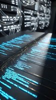 Glowing cyan code lines on dark surface with tangled cables and server hardware, futuristic tech concept for cybersecurity and software development.