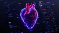 Glowing anatomical heart visualization with medical data interface displays neon purple and red energy effects against dark background with diagnostic charts.