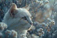 White cat with blue eyes gazing thoughtfully among delicate white wildflowers at sunset, soft teal background creates dreamy atmospheric nature portrait.