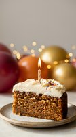 Birthday cake slice with lit candle and festive ornaments creating warm celebration atmosphere with bokeh lights for party occasions.