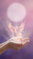 Hand holding glowing phoenix with luminous wings against soft pink and purple gradient background with bright orb above, symbolizing spiritual healing, rebirth and transformation.