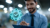 Middle Eastern businessman signing documents with glowing neon gear checkmark hologram, representing digital transformation and smart business solutions.