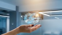 Hand holding glowing digital circular interface with futuristic holographic display in modern office environment for technology and innovation concepts.