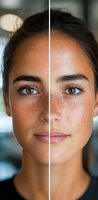 Split face portrait showing skin tone variations and freckles on young mixed-race woman with brown eyes and natural makeup, demonstrating beauty diversity.