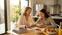 Two women enjoying quality time together in modern kitchen, sharing conversation over healthy breakfast with fresh fruits and coffee.