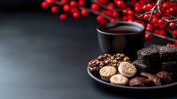 Festive winter composition with assorted cookies, chocolate candies and red berries on dark plate. Hot drink in black cup against dark background.