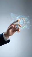 Businessman hand touching digital banking interface with glowing financial icons, cloud storage, security lock, and data symbols for fintech, digital transformation, and online financial services.