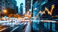 Financial data visualization and stock market graph overlay on blurred urban night cityscape with traffic lights and skyscrapers. Modern business concept.