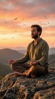 Bearded man meditating in lotus position on mountain cliff during golden sunset with flying birds and dramatic orange sky for mindfulness and wellness content.