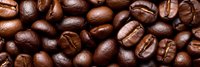 Fresh roasted coffee beans background with rich brown color and detailed texture showing natural grooves and cracks in panoramic close up view.