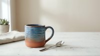 Handmade ceramic coffee mug with blue and terracotta glaze on white wooden table. Artisan pottery cup with natural sunlight for cozy morning routine.