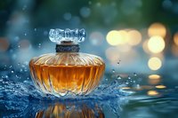 Elegant perfume bottle with amber liquid splashing in water against blurred bokeh background, dramatic lighting creates luxurious atmosphere.