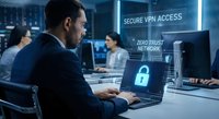 Professional businessman using laptop with cybersecurity interface displaying secure VPN access and zero trust network protocols in modern office environment.