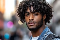 Young African American man with natural curly hair and denim jacket smiling confidently at camera against urban background with soft bokeh lighting effects.