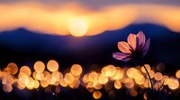 Cosmos flower silhouette against golden sunset and mountain backdrop with dreamy bokeh lights creating magical evening atmosphere. Romantic nature photography.