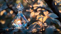 Crystal glass perfume bottle with geometric facets catching golden sunset light through delicate leaves, creating magical bokeh effect and dreamy atmosphere.