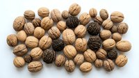Mixed variety of whole walnuts with natural brown shells scattered on white background. Healthy nuts for cooking, baking and snacking isolated for design.