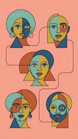 Abstract geometric portraits of diverse women in modern cubist style with colorful shapes and coral background for contemporary design projects.