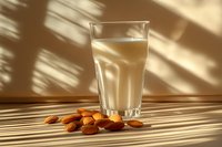 Fresh almond milk in tall glass with raw almonds scattered on wooden surface, dramatic natural sunlight and palm leaf shadow overlay creates mood.