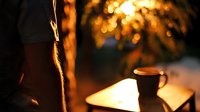 Atmospheric evening scene with coffee mug and digital tablet glowing in warm sunset light, creating cozy ambiance for relaxation and remote work outdoors.