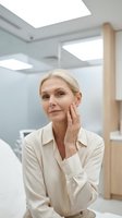 Middle-aged Caucasian woman touching face in modern medical clinic examining skin condition for dermatology consultation and skincare treatment.