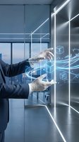 Businessman in suit manipulating holographic data visualization with glowing digital interface elements in modern office environment for technology presentations.