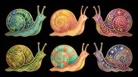 Colorful decorative snails with ornate spiral shells and detailed patterns, isolated on transparent background. Ready for t-shirt designs, clipart, stickers, sublimation, and print-on-demand products.