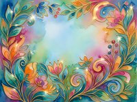 Vibrant watercolor floral frame with golden swirls, colorful leaves, and sparkling accents on a soft pastel background.