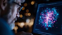 Scientist analyzing data visualization on computer screen with glowing particle simulation in pink and blue colors against dark background.