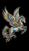 Ornate winged horse with intricate blue, gold, and orange decorative patterns, isolated on transparent background. Ready for t-shirts, stickers, clipart, and print-on-demand designs.