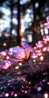 Magical glowing purple flower with sparkles and bokeh lights in dark forest setting creates dreamy, ethereal atmosphere for fantasy and fairy tale designs.