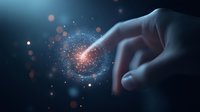 Human hand touching digital particle effect with glowing light points against dark blue background, concept of technology and innovation.