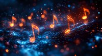 Glowing orange musical notes float against dark blue magical background with bokeh lights and sparkles. Abstract artistic composition for music themes.