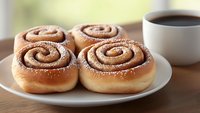 Fresh baked cinnamon rolls dusted with powdered sugar served on white plate with coffee cup on wooden table, selective focus on pastries.