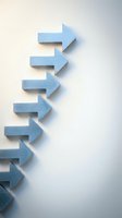 Blue wooden arrows arranged vertically pointing right on white background with shadows creating depth and direction concept for business growth.