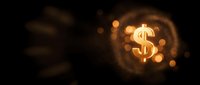 Glowing golden dollar sign surrounded by sparkling bokeh lights on dark background, symbolizing wealth, finance, and investment success.