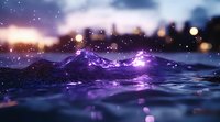 Mystical purple water surface with glowing waves and bokeh lights against dark twilight sky, creating dreamy atmospheric seascape effect.