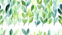 Watercolor green leaves and branches on white background, creating a fresh botanical pattern for nature-inspired designs.