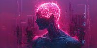 Futuristic silhouette of human head with glowing pink brain against digital circuit background, representing artificial intelligence and neural networks.