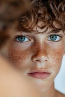Close-up portrait highlighting natural freckles and striking blue eyes against soft skin tones, with curly brown hair framing face. Natural beauty concept for skincare advertising.