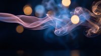 Abstract flowing smoke waves with golden bokeh lights on dark blue background for modern digital design and creative projects.