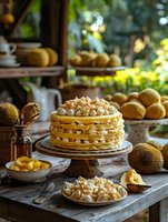 Layered durian cream cake with fresh tropical fruit and whipped topping on rustic wooden table, surrounded by whole durians and fresh ingredients in natural light.