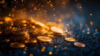 Golden coins scattered on dark surface with magical bokeh lights and glitter, creating mystical financial atmosphere for wealth and prosperity concepts.